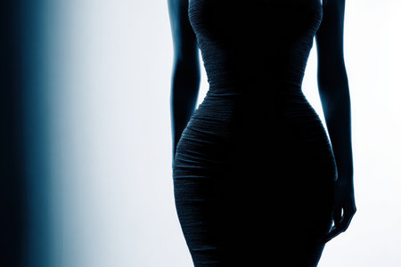 A silhouette is shown wearing a tight dress that emphasizes a belly bulge, focusing on body shape difficulties in fashion.の素材