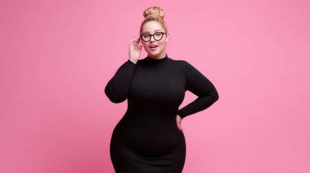 A plus size model showcases a black dress standing against a pink background, highlighting body shape and fashion challenges during a photoshoot.の素材