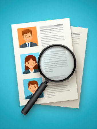 Results are displayed with avatars and a magnifying glass to show the process of selecting job candidates in an office environment.の素材