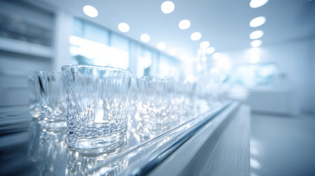 Clear medical glassware is organized on a podium in a lab environment with bright lighting and a blurred background.の素材