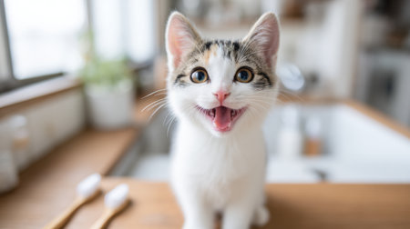 A cat shows its teeth while sitting on a kitchen table. Dental care products are nearby, indicating care for pet health.の素材