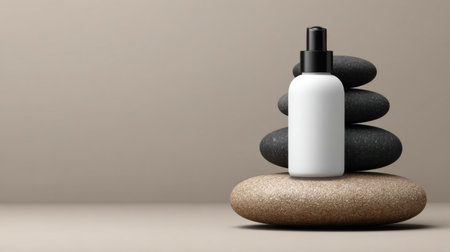 Skincare serum placement on a stone pedestal surrounded by dark stones shows a minimalist spa setup designed for relaxation and beauty.の素材