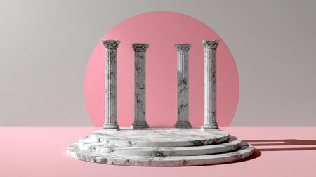The podium stands tall with detailed marble columns under dynamic lighting. The background shifts from pink to gray, highlighting the structure.の素材