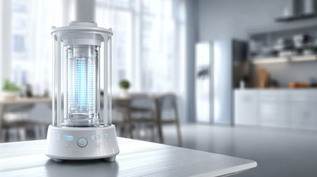 A bottle sterilizer is seen on a white table in a kitchen. The kitchen is modern with blurred cabinets and a bright atmosphere from sunlight.の素材
