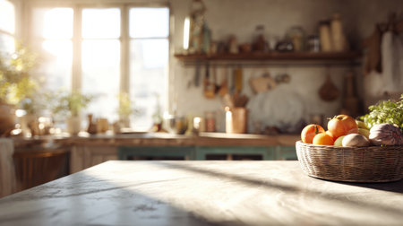 Sunlight fills the kitchen, highlighting a clean marble counter with a basket of fresh fruits and a blurred background of kitchen tools.の素材