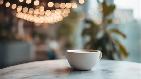 A cup of coffee sits on a marble table with a warm, inviting coffee shop background filled with soft bokeh lights.の素材