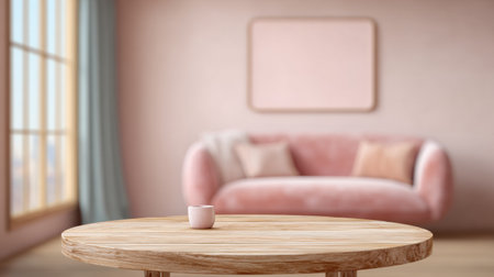 A round wooden table is in the foreground with a soft couch and an empty wall in the background, creating a simple indoor space for relaxing.の素材