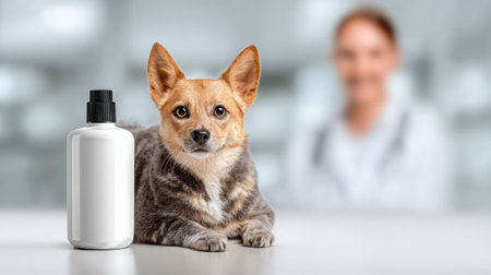 A dog rests on a white podium next to a bottle of shampoo while a groomer works in the background at a pet grooming salonの素材