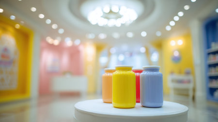 Containers filled with baby formula are arranged on a ceramic podium in a pediatric clinic. The background features soft colors and blurred shelves.の素材