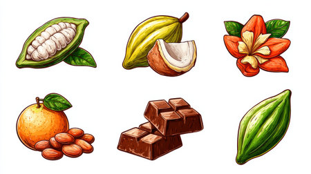 This collection showcases cocoa-related icons, including cacao pods, cocoa beans, chocolate blocks, and a floral design along with an orange fruit.の素材