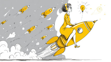 Confident hipster girl rides a yellow rocket while holding a light bulb idea. This scene depicts ambition and creativity in a modern business setting.の素材