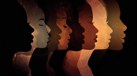 A silhouette of a woman in profile features many faces of African and African American women inside, highlighting unity and support for equality.の素材