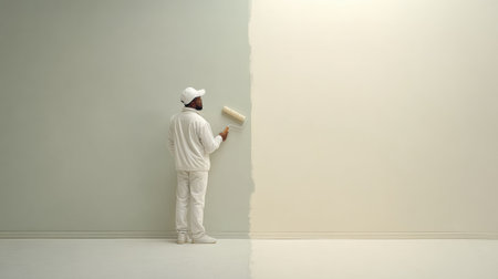 Single painter rolls new white paint onto previously colored wall in an indoor studio, focusing on even application and covering old color.の素材