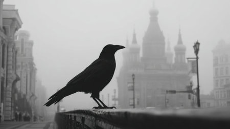 A crow looks out across a foggy skyline with old structures in the background, symbolizing change and omens in Nordic culture.の素材