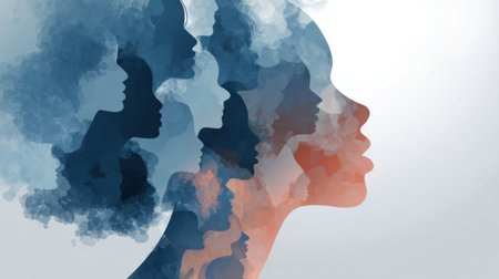 A silhouette of a womans profile contains faces of African and African American women, representing unity and empowerment in the fight for equality.の素材