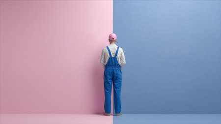 Adult man in work clothes paints a large wall with soft pastel color in a modern indoor space, focusing on a clean and simple design.の素材