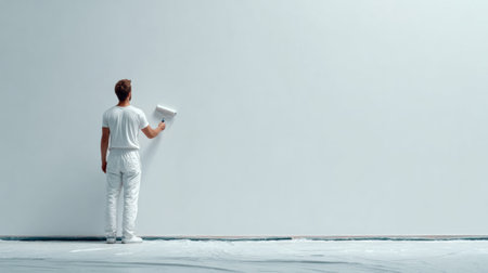 A handyman uses a roller to paint a plain light wall while keeping the floor clean with a plastic sheet during the painting activity.の素材