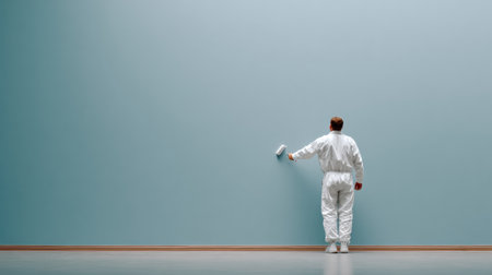 Painter focuses on applying paint to a wall indoors, demonstrating a precise technique with a roller and maintaining a clean workspace.の素材