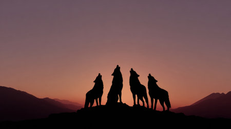 Four wolves stand on a rock at twilight, howling together against a backdrop of mountains, representing loyalty and family ties in folklore.の素材