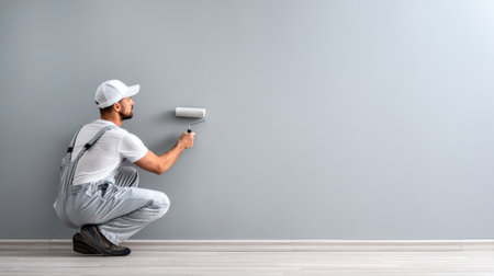 Male painter is using a medium paint roller on a light gray wall in an apartment. The floor is clean with no splashes or extra tools.の素材