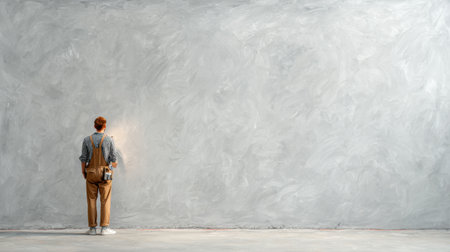 Painter inspects freshly painted wall using handheld light to ensure smooth surface quality in an indoor setting.の素材