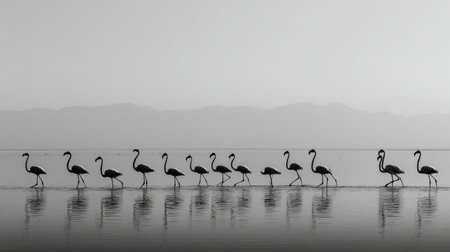 Flamingos walk in a line along the edge of a salt lake during dusk. The scene shows silhouettes against the water and mountains in the background.の素材
