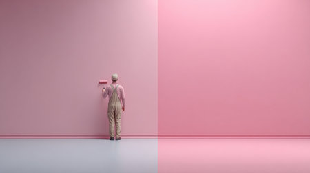 Single adult man wearing work clothes paints a soft pastel wall indoors. He stands against a large clean wall area while working on the surface.の素材