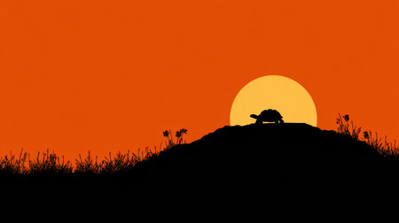 A tortoise walks on a hill during a sunset in the desert, representing patience and longevity in Chinese culture, as the sun sets in the background.の素材