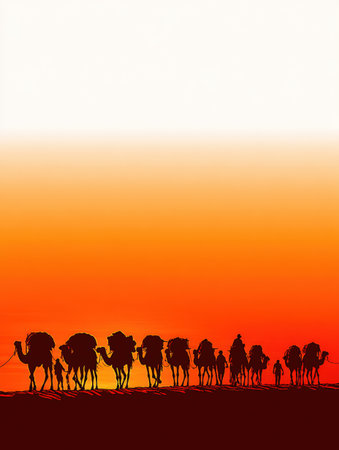 A caravan of camels travels in silhouette against a colorful sunset. The scene shows human leaders guiding the animals through the desert.の素材