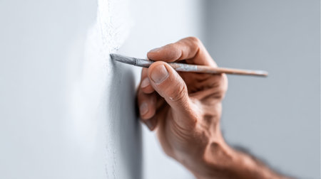 Man focuses on corner touch-ups in indoor room, blending light gray and white wall colors with a small brush for a clean finishの素材