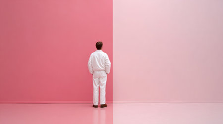 Man wearing work clothes applies paint to a large wall with a soft pastel color in a modern interior space.の素材