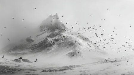 Mountain rises dramatically in a monochrome setting. Birds fly against the mountain, creating a sense of movement in natures stark landscape.の素材
