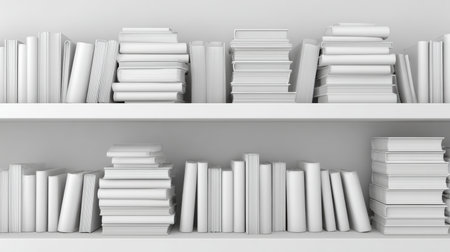 Plain covered books stacked neatly on white shelves fill the frame, showing a display of organization and minimal design in a modern space.の素材
