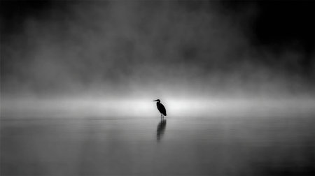 Heron is seen standing still in mist over a lake at dawn. This moment symbolizes patience in zen buddhist art.の素材