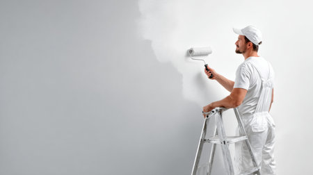 Man uses paint roller brush to coat a wall with white paint while standing on a stepladder in an interior room for repairsの素材