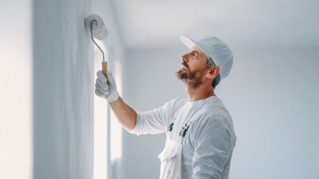 A professional painter uses a roller brush to apply white paint on a wall in a modern apartment. Natural light comes through the window.の素材
