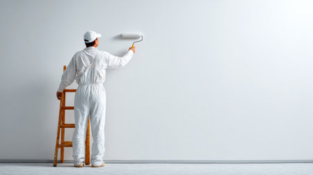 Man uses a paint roller to cover a white interior wall in a clean, bright room with ample copy space, showing a home renovation project.の素材