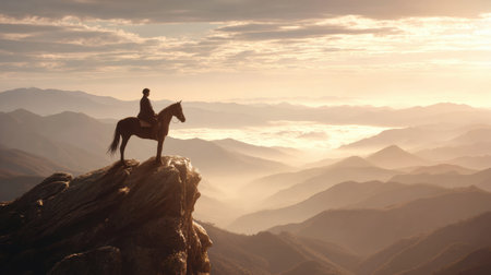 An Arabian horse stands tall on a rocky ledge with a rider, gazing at the vast desert landscape as the sun rises over the mountains.の素材