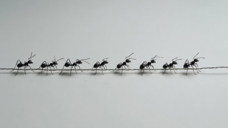A group of ants moves together across a thin line, displaying cooperation during their journey, showing their collective values in nature.の素材