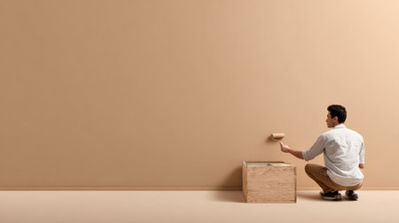 A man applies beige paint to a wall in a modern room. He works on an eco renovation project for a healthier living space.の素材