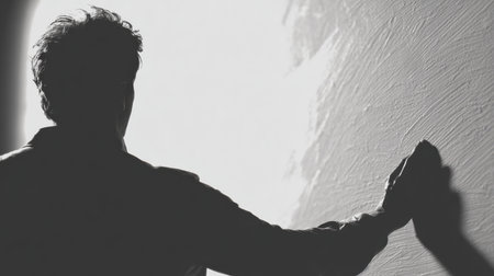 A male painter stands in side lighting, applying paint to a blank wall, creating a backdrop for advertising concept space at a studio.の素材