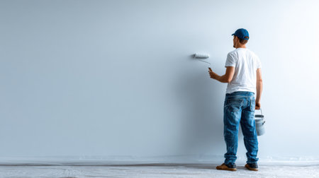 A handyman stands slightly turned away, painting a wall from left to right with a roller. The space is clean and no mess is present.の素材
