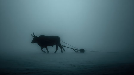 An ox pulls a plow in misty fields at dawn, showing strength and hard work in rural farming during early hours of the day.の素材