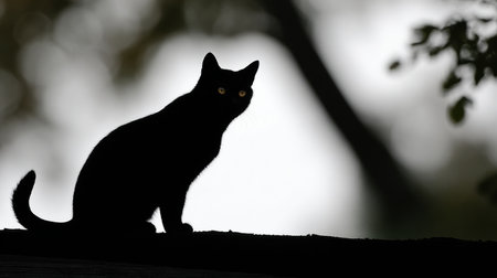 A black cat is on a rooftop at night, symbolizing mystery and the superstitions linked to cats in European culture and folklore.の素材