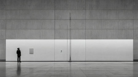 A painter works on a high wall in a modern lobby using a long extension pole. The large wall dominates the space with its clean surface.の素材