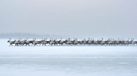 A group of reindeer walks steadily across the white arctic tundra during winter, symbolizing sustenance in Sami culture and traditions.の素材