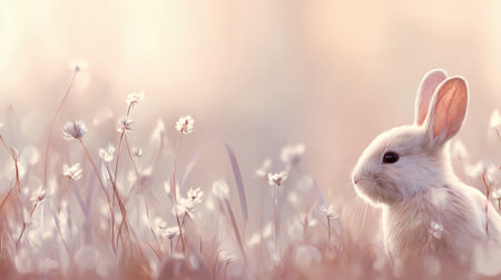 A rabbit is in a blooming meadow under gentle light of spring. Flowers surround the rabbit, symbolizing new life and good luck.の素材