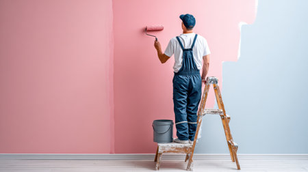 Handyman paints a wall in a minimal studio apartment using light pastel colors. He works on a ladder with a paint roller and a bucket nearby.の素材