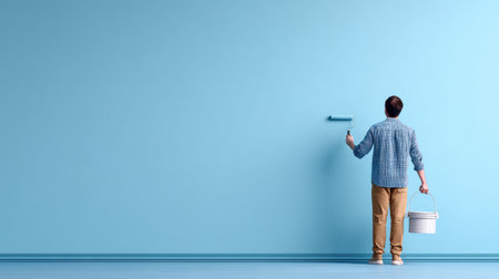A man in casual clothes paints a wall pastel blue with a roller. He holds a paint bucket and is focused on the task in his minimal apartment.の素材