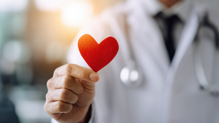 Doctor shows a red heart cutout to focus on heart function and the importance of disease prevention in a medical environmentの素材